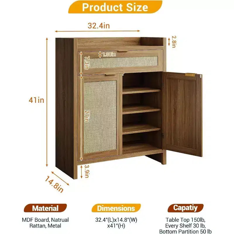 COZONY Ensemble de 2 meubles à chaussures en rotin, organisateur de rangement avec étagère réglable et tiroir, meuble d'entrée de style ferme pour couloir