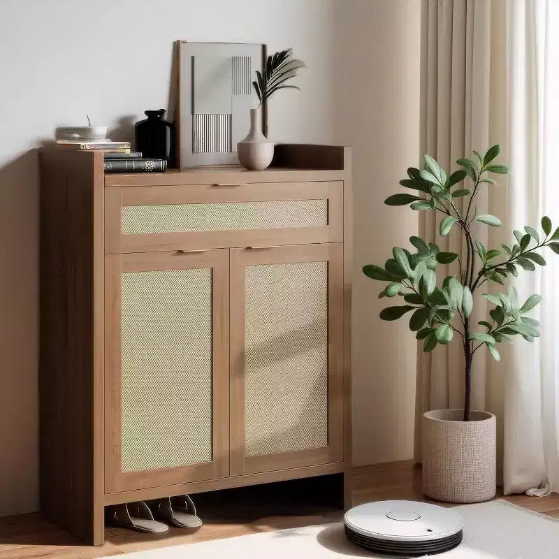COZONY Ensemble de 2 meubles à chaussures en rotin, organisateur de rangement avec étagère réglable et tiroir, meuble d'entrée de style ferme pour couloir