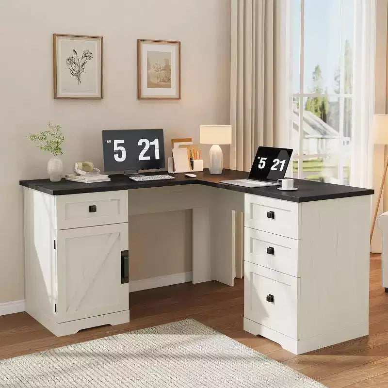 COZONY 60 White L Shaped Executive Desk, Farmhouse Home Office Corner Computer Desk with File Drawers & Storage Cabinet
