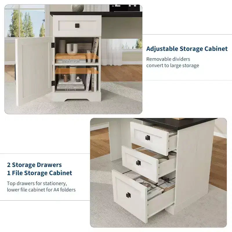 COZONY Bureau de Direction en L Blanc de 60 Pouces, Bureau d'Angle d'Ordinateur de Bureau à Domicile de Style Ferme avec Tiroirs Classeurs et Armoire de Rangement