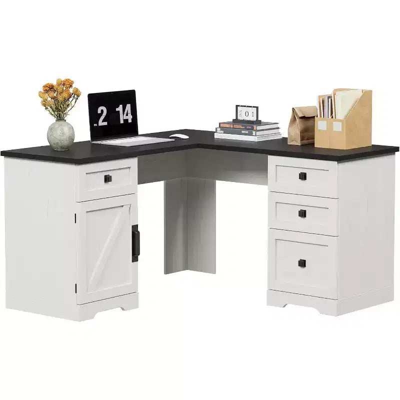 COZONY Bureau de Direction en L Blanc de 60 Pouces, Bureau d'Angle d'Ordinateur de Bureau à Domicile de Style Ferme avec Tiroirs Classeurs et Armoire de Rangement