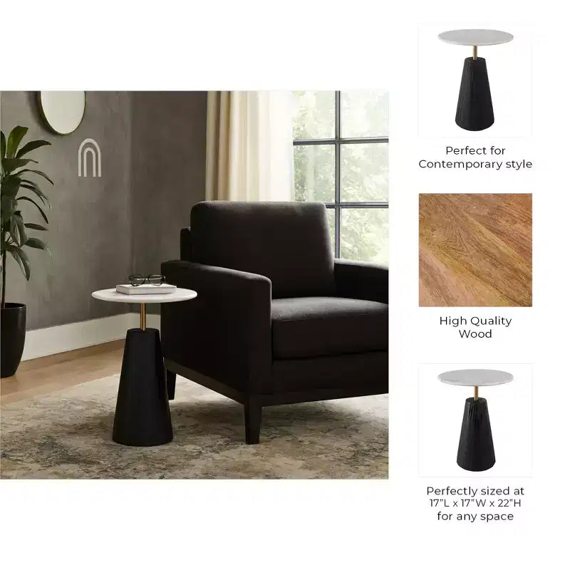 Table d'appoint intemporelle en marbre avec base cannelée élégante – Petite table d'appoint compacte pour la maison, la terrasse couverte ou le salon