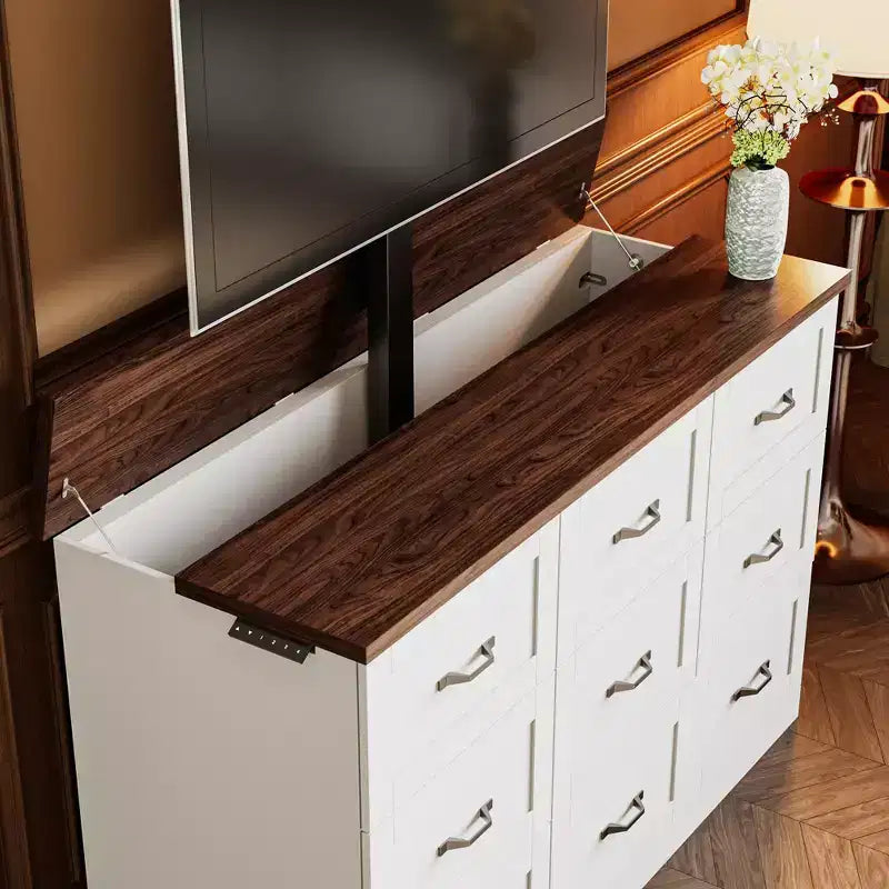 Meuble TV de jeu électrique à 9 tiroirs Famapy, support TV réglable en hauteur, centre de divertissement avec 2 prises de courant/unité de rangement TV à plateau divisé pour les soirées de jeu