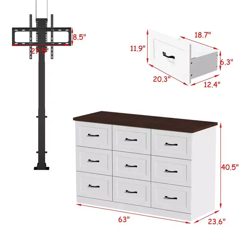 Meuble TV de jeu électrique à 9 tiroirs Famapy, support TV réglable en hauteur, centre de divertissement avec 2 prises de courant/unité de rangement TV à plateau divisé pour les soirées de jeu