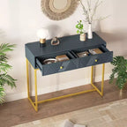 Table d'entrée moderne Okak avec pieds dorés, console étroite avec 2 tiroirs et motif à rayures, table d'appoint pour salon, couloir