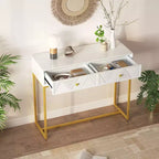 Table d'entrée moderne Okak avec pieds dorés, console étroite avec 2 tiroirs et motif à rayures, table d'appoint pour salon, couloir
