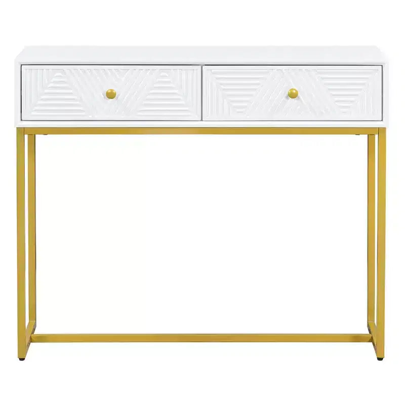 Table d'entrée moderne Okak avec pieds dorés, console étroite avec 2 tiroirs et motif à rayures, table d'appoint pour salon, couloir