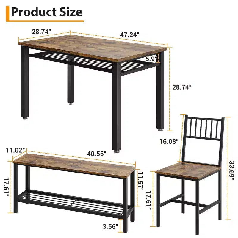 Ensemble table et chaises de cuisine modernes pour 4, avec banc et chaises, ensemble de table de cuisine avec étagère de rangement pour salle à manger/ferme/cuisine/appartement