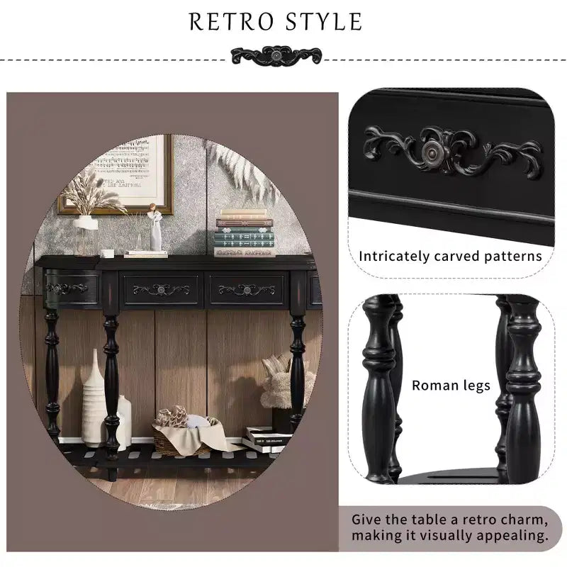 Table console Okak 52 po vintage incurvée avec sculptures exquises, table d'entrée avec 4 tiroirs et 1 étagère, table d'appoint pour salon, noir