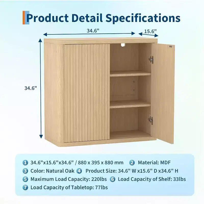 Meuble buffet CuisinSmart 34,6 po en bois avec 2 portes cannelées et étagères réglables, bar à café autoportant pour salle à manger et salon