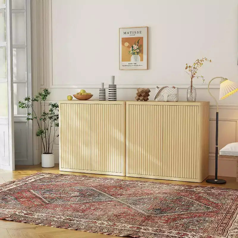 Meuble buffet CuisinSmart 34,6 po en bois avec 2 portes cannelées et étagères réglables, bar à café autoportant pour salle à manger et salon