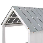 Lit mezzanine bas pour jumeaux, lit cabane en bois avec toit, deux fenêtres avant et barrière de sécurité, blanc