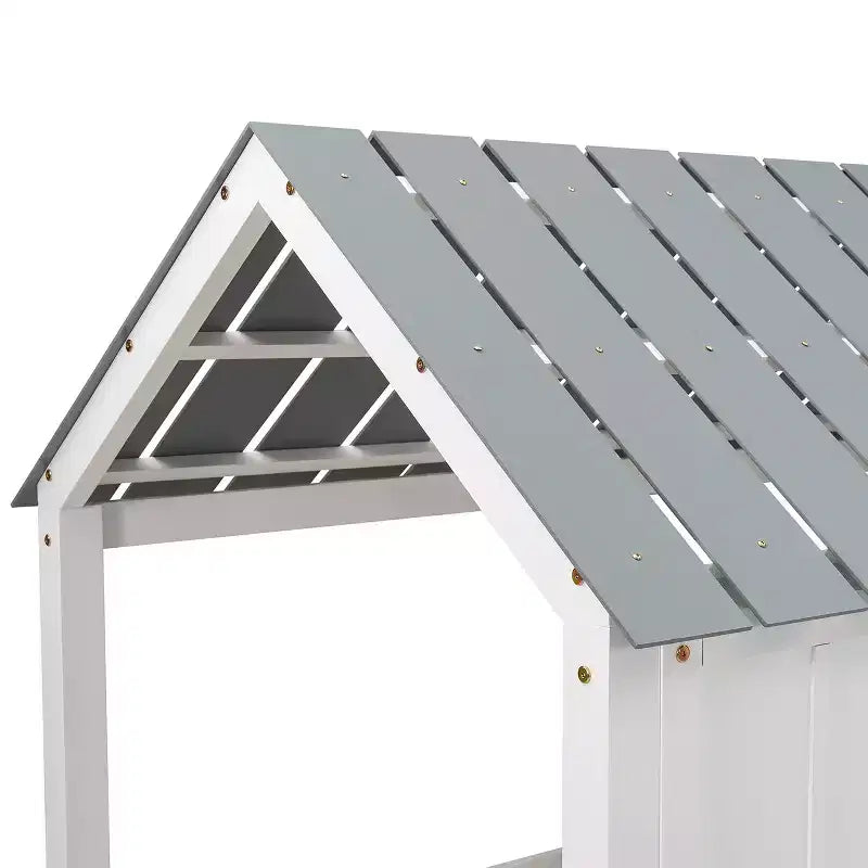 Lit mezzanine bas pour jumeaux, lit cabane en bois avec toit, deux fenêtres avant et barrière de sécurité, blanc