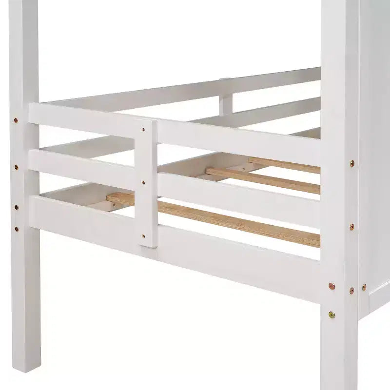 Lit mezzanine bas pour jumeaux, lit cabane en bois avec toit, deux fenêtres avant et barrière de sécurité, blanc