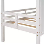 Lit mezzanine bas pour jumeaux, lit cabane en bois avec toit, deux fenêtres avant et barrière de sécurité, blanc