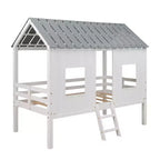 Lit mezzanine bas pour jumeaux, lit cabane en bois avec toit, deux fenêtres avant et barrière de sécurité, blanc