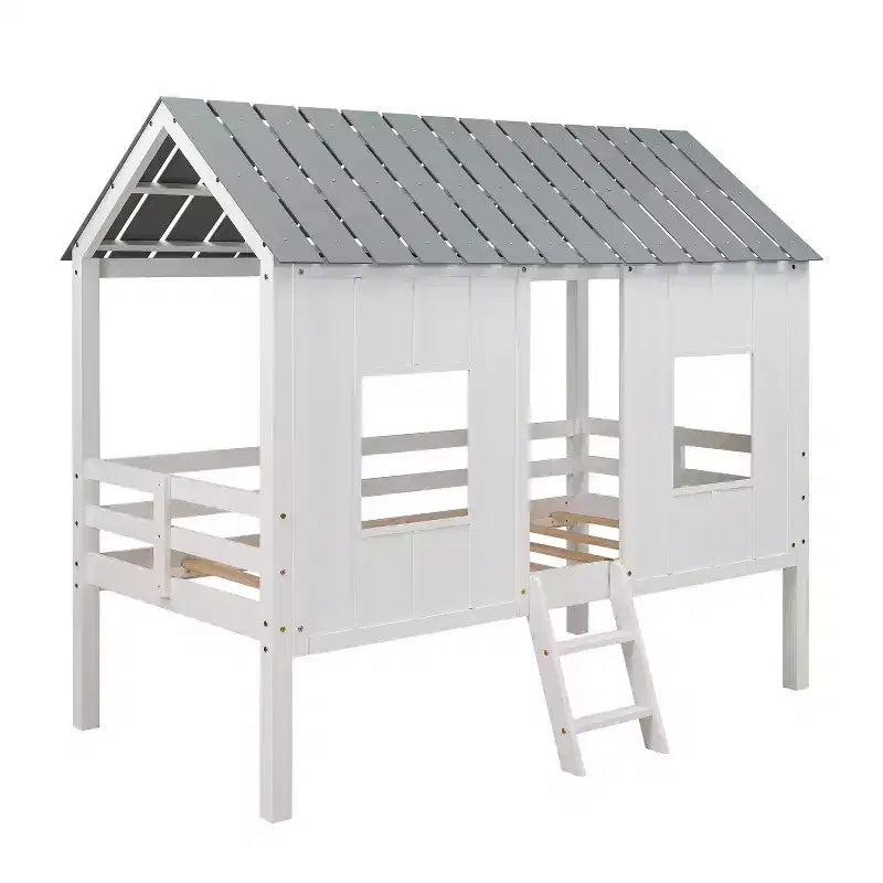 Lit mezzanine bas pour jumeaux, lit cabane en bois avec toit, deux fenêtres avant et barrière de sécurité, blanc