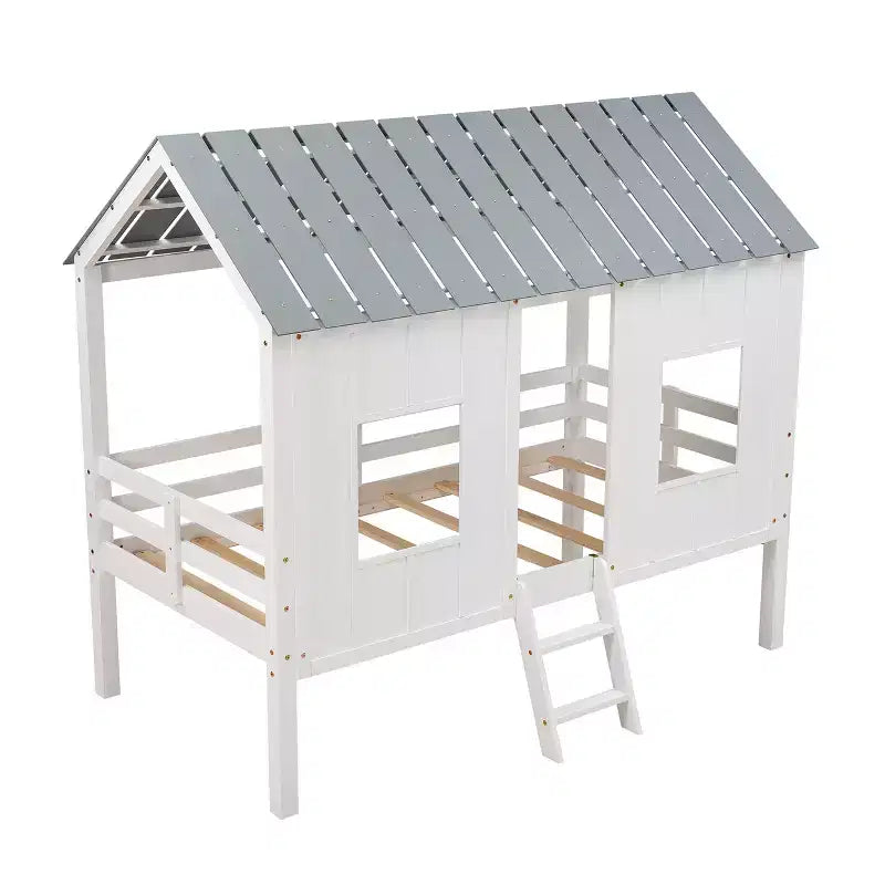 Lit mezzanine bas pour jumeaux, lit cabane en bois avec toit, deux fenêtres avant et barrière de sécurité, blanc