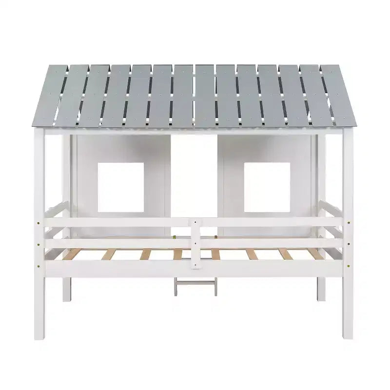 Lit mezzanine bas pour jumeaux, lit cabane en bois avec toit, deux fenêtres avant et barrière de sécurité, blanc