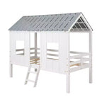 Lit mezzanine bas pour jumeaux, lit cabane en bois avec toit, deux fenêtres avant et barrière de sécurité, blanc