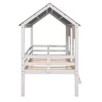 Lit mezzanine bas pour jumeaux, lit cabane en bois avec toit, deux fenêtres avant et barrière de sécurité, blanc