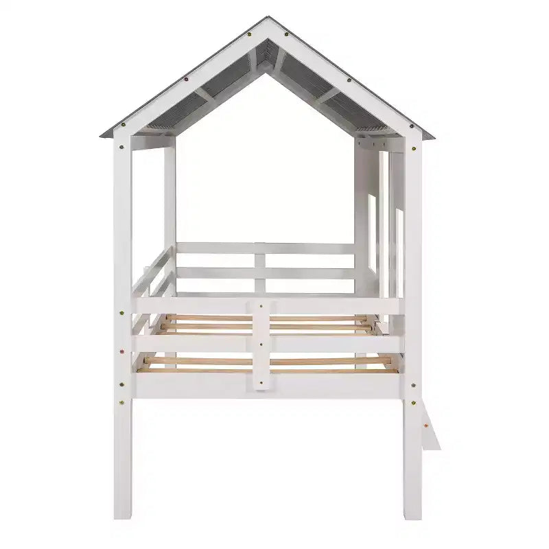 Lit mezzanine bas pour jumeaux, lit cabane en bois avec toit, deux fenêtres avant et barrière de sécurité, blanc