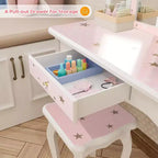 JOYMOR Coiffeuse 2-en-1 pour enfants, miroir triptyque, grand tiroir, pieds en bois massif, 4-9 ans, rose
