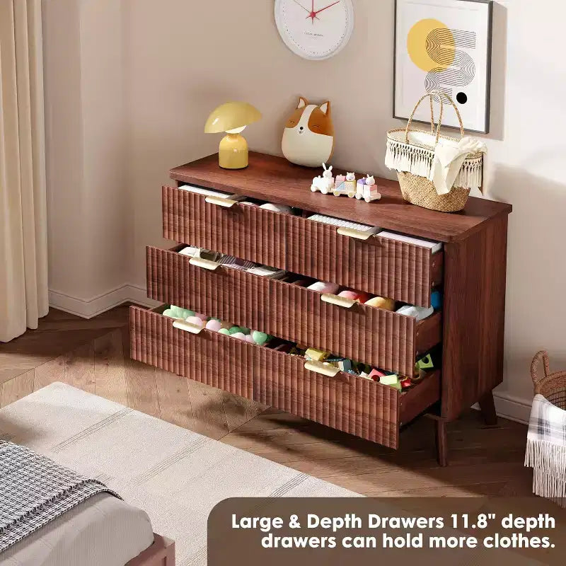 COZONY Commode cannelée à 6 tiroirs, commode moderne en bois au design incurvé pour chambre à coucher