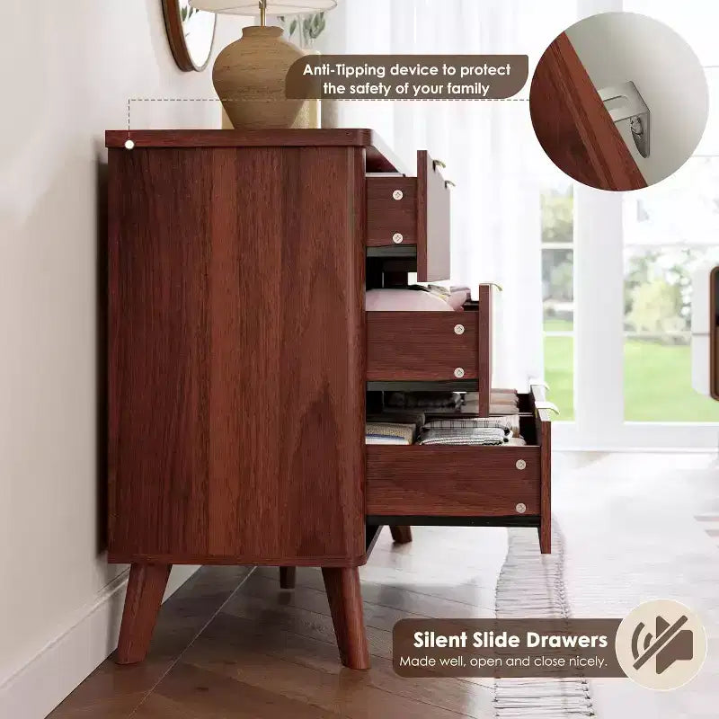 COZONY Commode cannelée à 6 tiroirs, commode moderne en bois au design incurvé pour chambre à coucher