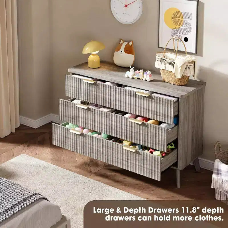 COZONY Commode cannelée à 6 tiroirs, commode moderne en bois au design incurvé pour chambre à coucher
