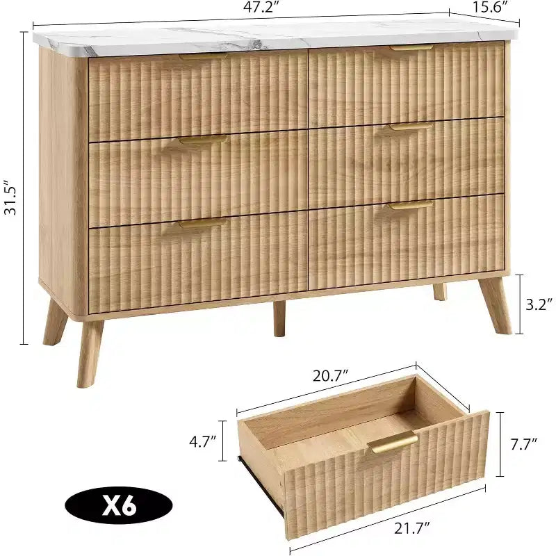 COZONY Commode cannelée à 6 tiroirs, commode moderne en bois au design incurvé pour chambre à coucher
