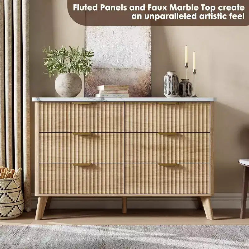 COZONY Commode cannelée à 6 tiroirs, commode moderne en bois au design incurvé pour chambre à coucher