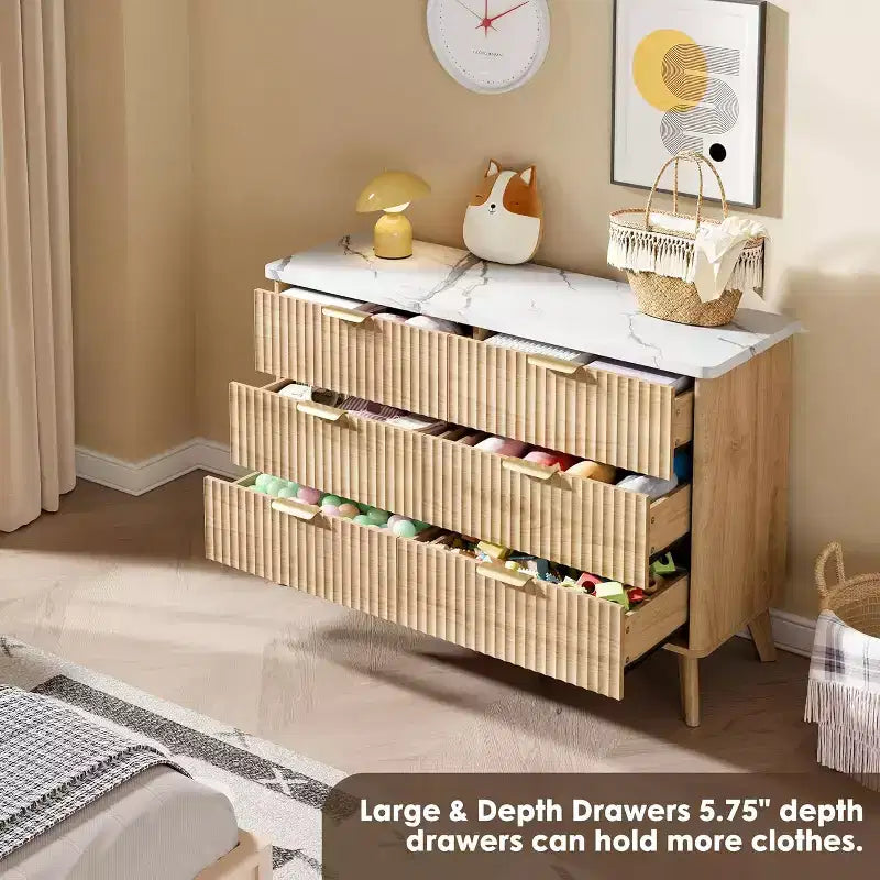 COZONY Commode cannelée à 6 tiroirs, commode moderne en bois au design incurvé pour chambre à coucher
