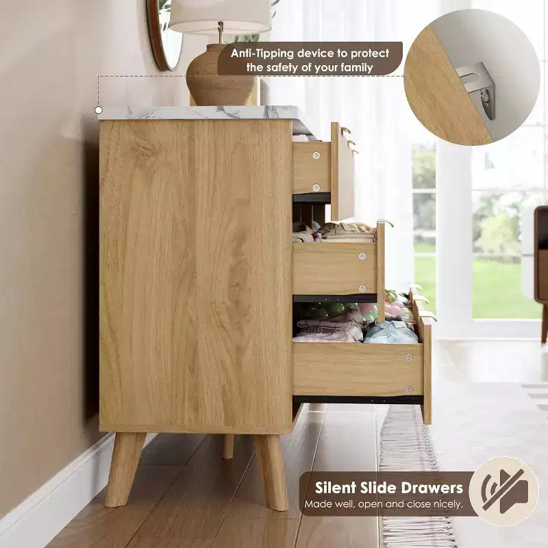 COZONY Commode cannelée à 6 tiroirs, commode moderne en bois au design incurvé pour chambre à coucher