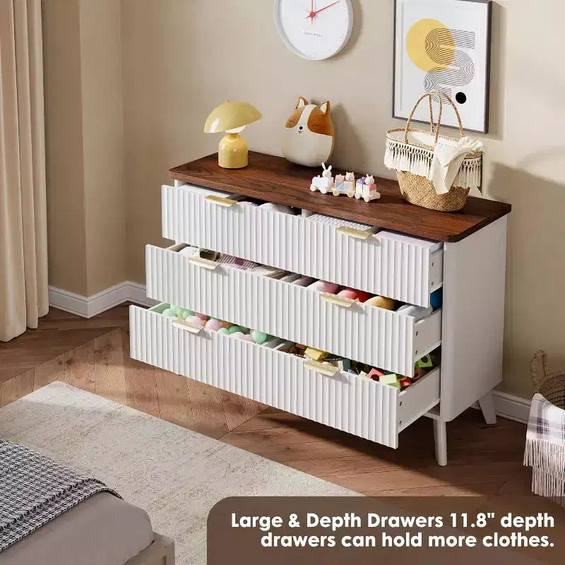 COZONY Commode cannelée à 6 tiroirs, commode moderne en bois au design incurvé pour chambre à coucher