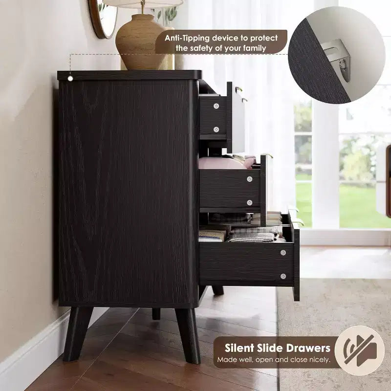 COZONY Commode cannelée à 6 tiroirs, commode moderne en bois au design incurvé pour chambre à coucher
