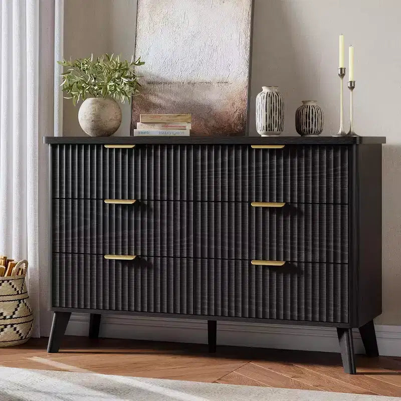 COZONY Fluted Dresser with 6 Drawers, Modern Wooden Chest with Curved Design for Bedroom Storage