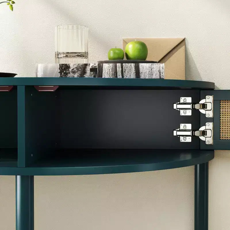 Table d'appoint semi-circulaire élégante Zeus & Ruta avec 2 armoires en rotin et étagère inférieure pour salon, chambre, couloir