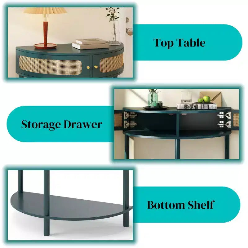 Table d'appoint semi-circulaire élégante Zeus & Ruta avec 2 armoires en rotin et étagère inférieure pour salon, chambre, couloir