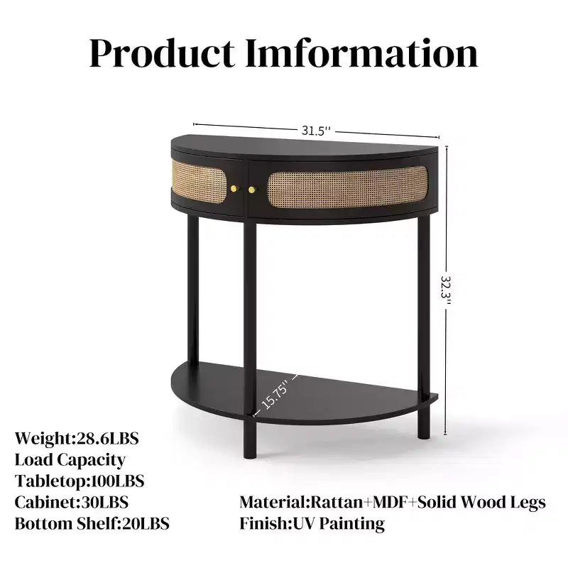 Table d'appoint semi-circulaire élégante Zeus & Ruta avec 2 armoires en rotin et étagère inférieure pour salon, chambre, couloir