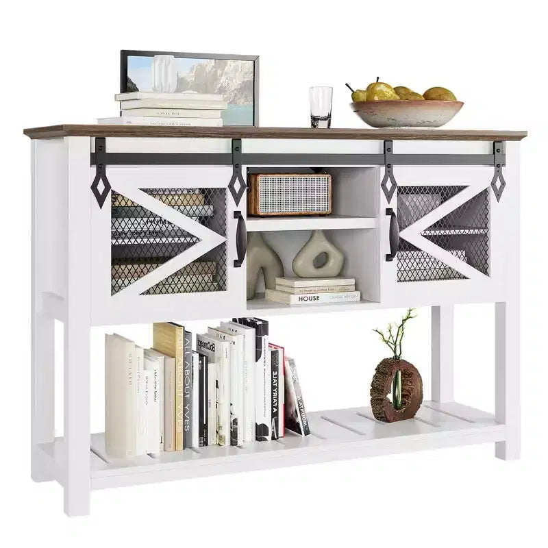 Console d'entrée avec portes coulissantes de grange, table console de ferme de 117 cm avec rangement, table de canapé étroite rustique derrière le canapé, pour entrée, couloir, foyer