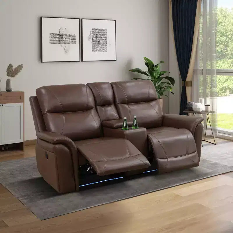 MAYEERTY Causeuse inclinable électrique, fauteuil inclinable en cuir 2 places avec chargement USB, rangement et porte-gobelets pour salon, marron rougeâtre