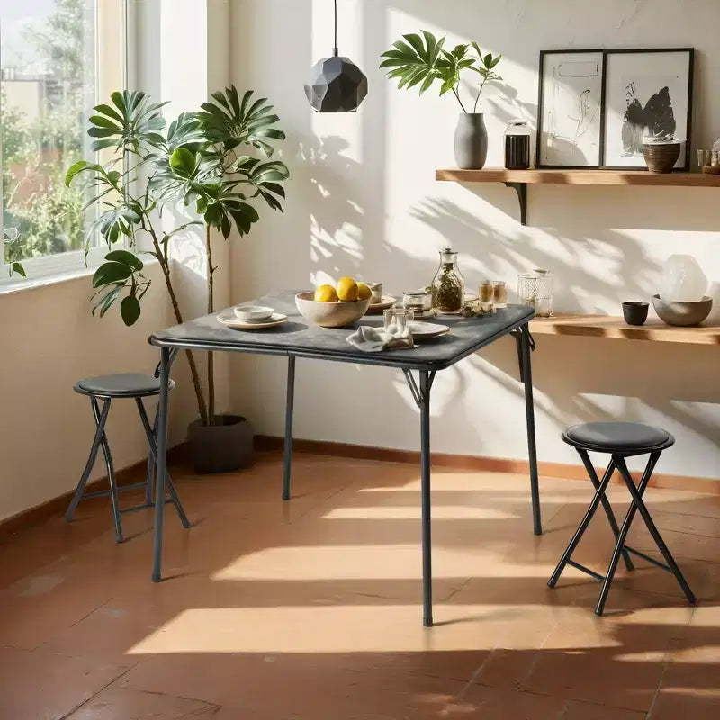 FurnitureR Ensemble table et 2 chaises pliantes 3 pièces, table de jeu carrée peu encombrante avec 2 tabourets, idéal pour les petits espaces, la maison, le patio, noir