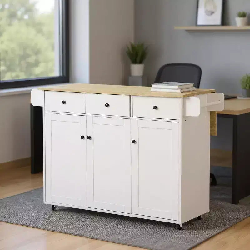 Chariot de cuisine mobile FurnitureR avec abattant pliant, meuble de rangement de cuisine de 115 cm de large sur roulettes, table de préparation roulante peu encombrante, blanc