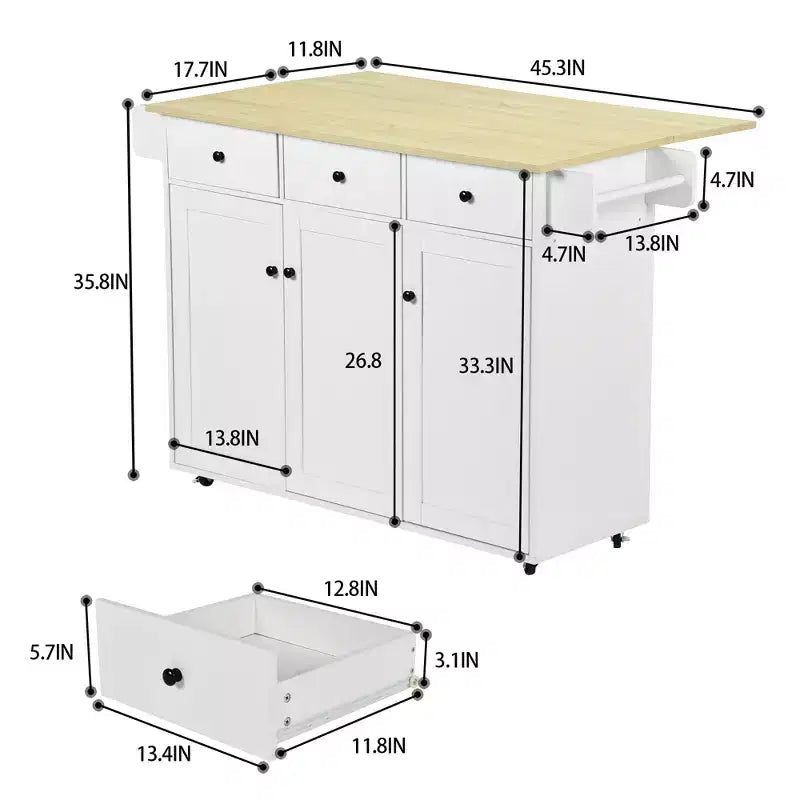 Chariot de cuisine mobile FurnitureR avec abattant pliant, meuble de rangement de cuisine de 115 cm de large sur roulettes, table de préparation roulante peu encombrante, blanc