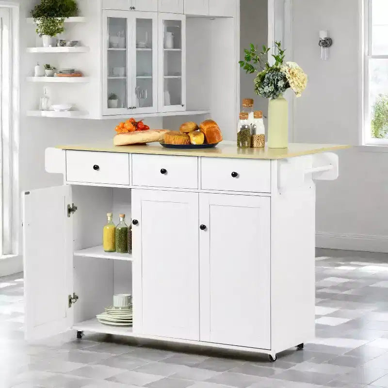 Chariot de cuisine mobile FurnitureR avec abattant pliant, meuble de rangement de cuisine de 115 cm de large sur roulettes, table de préparation roulante peu encombrante, blanc