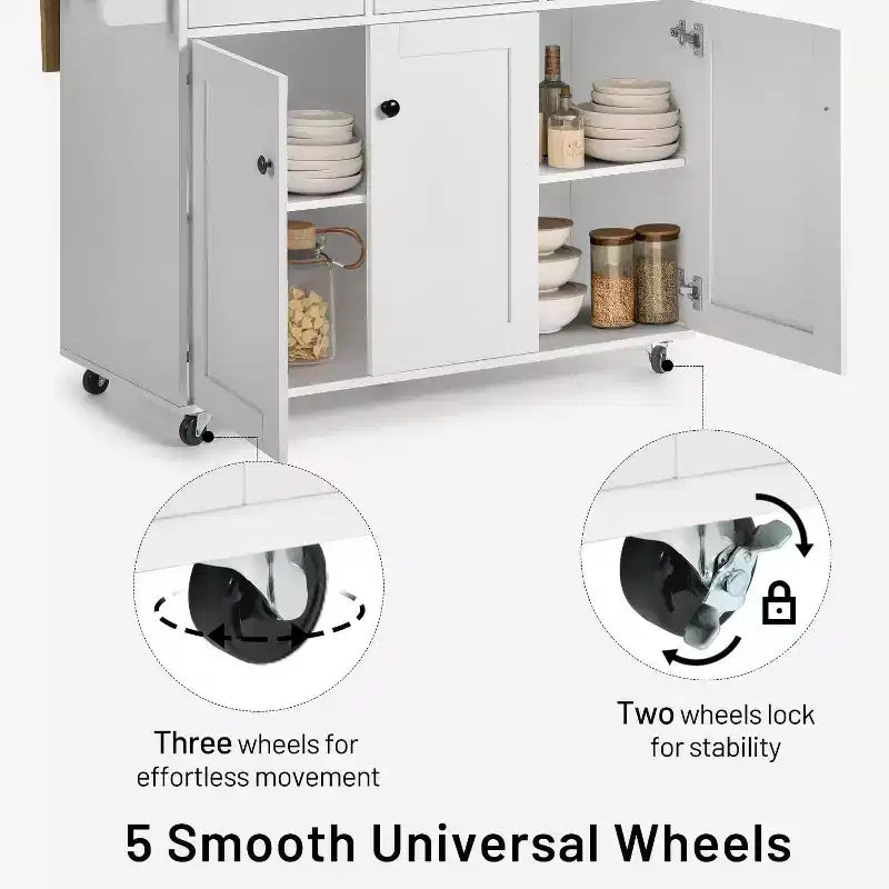 Chariot de cuisine mobile FurnitureR avec abattant pliant, meuble de rangement de cuisine de 115 cm de large sur roulettes, table de préparation roulante peu encombrante, blanc