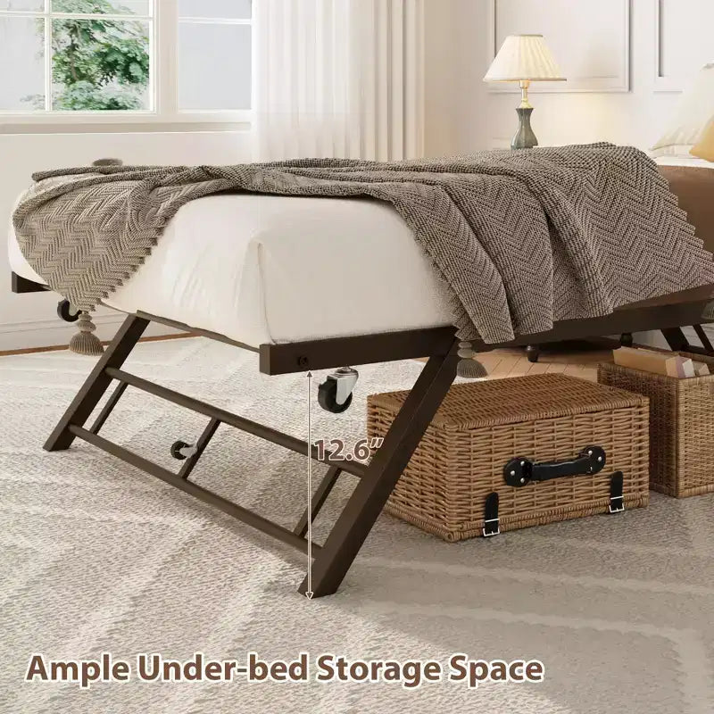 GustoWave Cadre de lit gigogne double escamotable, Lit de repos gigogne avec roulettes verrouillables, Plateforme métallique pliable, 73,6''