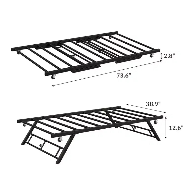 GustoWave Cadre de lit gigogne double escamotable, Lit de repos gigogne avec roulettes verrouillables, Plateforme métallique pliable, 73,6''