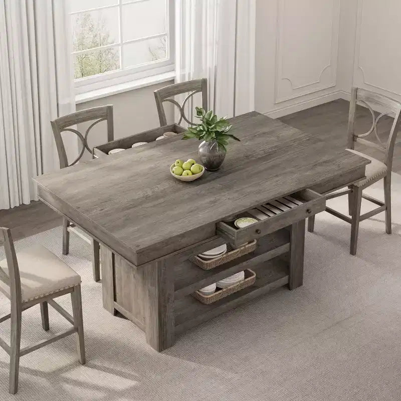 Îlot de cuisine de 60 pouces avec rangement, table îlot fixe de style ferme à 4 niveaux avec grand plan de travail pour la cuisine, la salle à manger, le salon